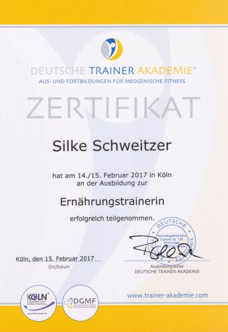 Zertifikat der Deutschen Trainerakademie - Ernährungstrainerin