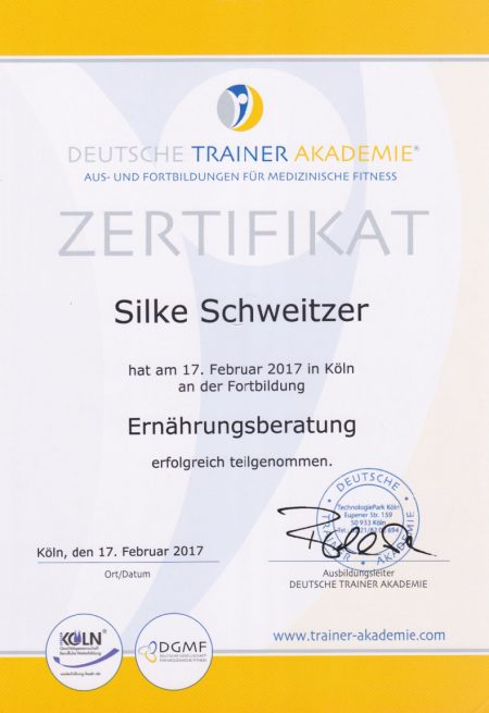 Zertifikat der Deutschen Trainerakademie - Ernährungsberatung